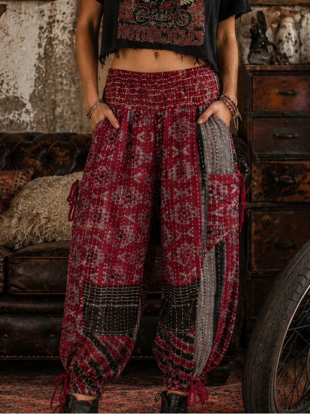 ♥️ Shes1oak | Kantha | Smocked Waist Jogger Pants | Tie Pocket/Hem | One Size